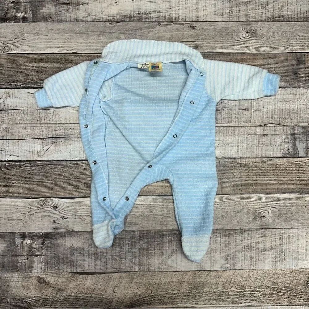 Vintage Carter’s Newborn Baby Boy Striped Blue Teddy Bear One Piece Outfit